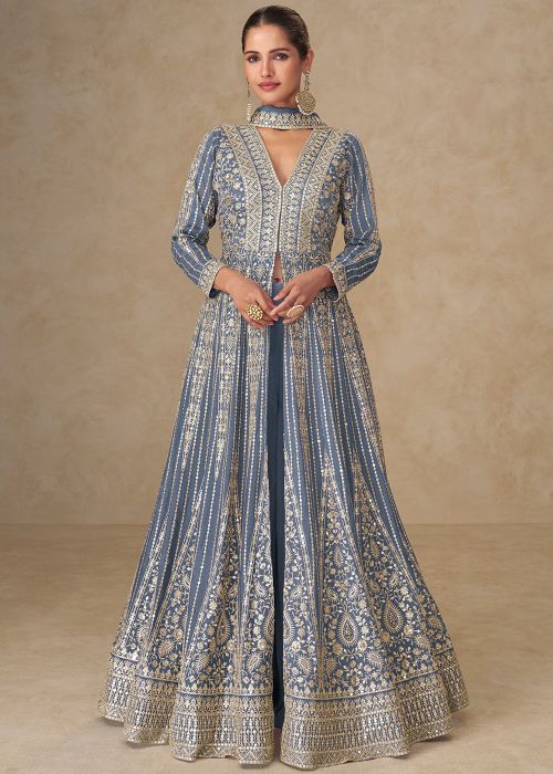 Slate Blue Slitted Palazzo Suit With Thread Embroidery
