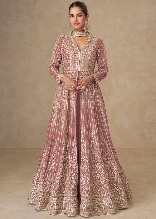 Dusty Pink Chiffon Slit Palazzo Suit In Thread Work