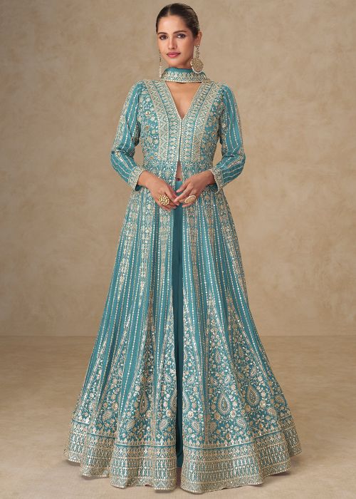 Blue Slitted Suit Set With Embellished Dupatta