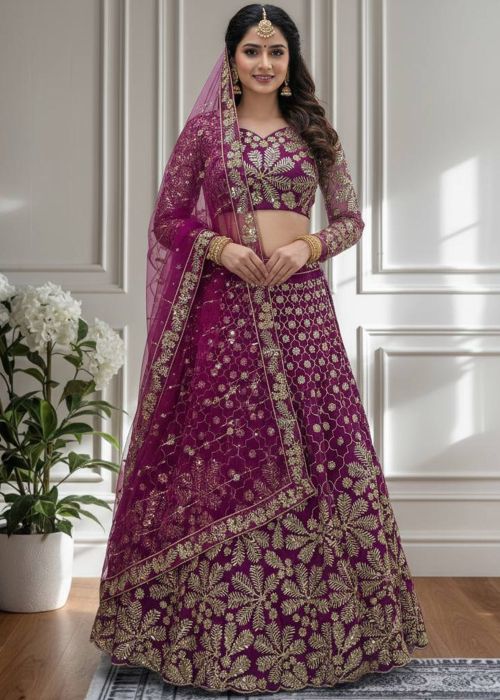 Magenta Net Lehenga Choli With Sequins Embroidery