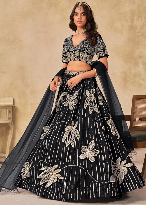 Black Art Silk Lehenga Choli With Sequins Embroidery