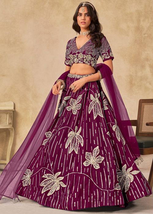 Wine Art Silk Lehenga Choli With Sequins Work