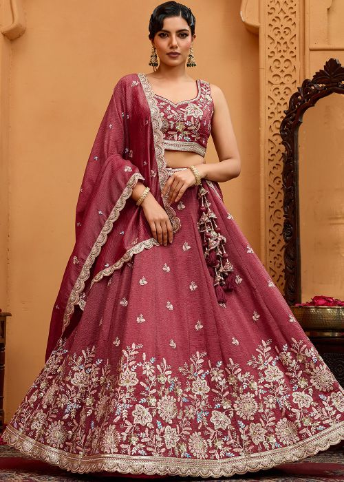 Rose Gold Pink Lehenga Choli With Thread Embroidery