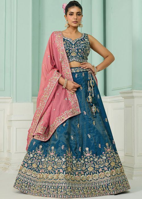 Teal Blue Embroidered Lehenga Choli With Pink Dupatta