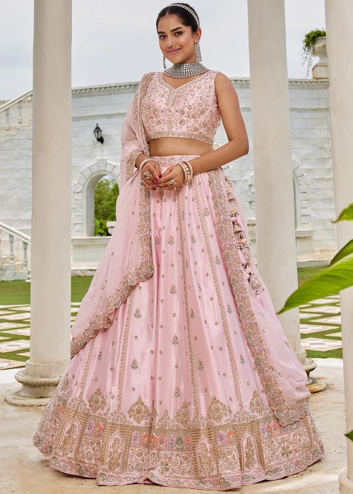 Light Pink Silk Lehenga Choli With Organza Dupatta