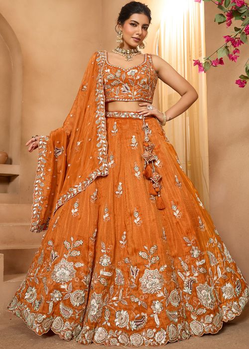 Rust Orange Tissue Lehenga Choli With Floral Embroidery