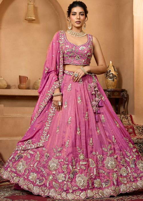 Rani Pink Tissue Lehenga Choli With Dori & Sequins