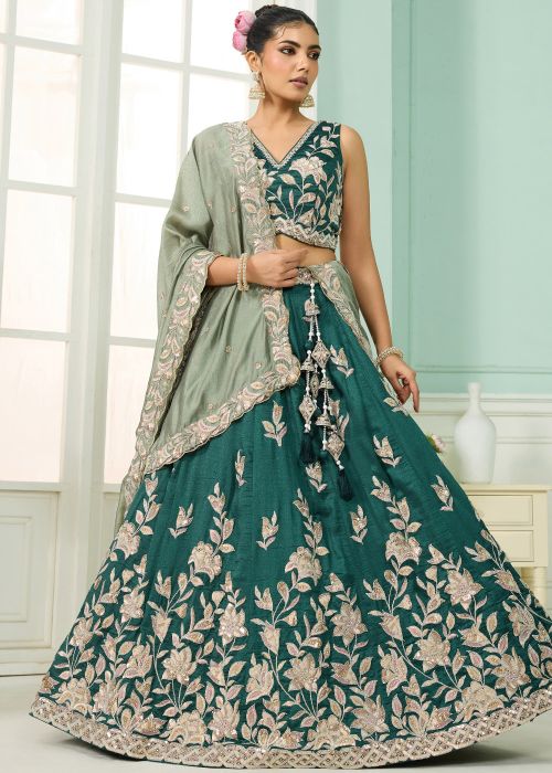 Emerald Green Silk Lehenga Choli With Dori Work