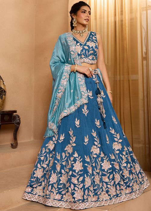 Teal Blue Silk Lehenga Choli With Sequin Embroidery