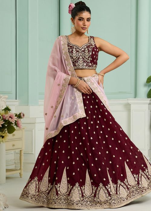 Maroon Organza Choli Lehenga With Dori & Sequin Border