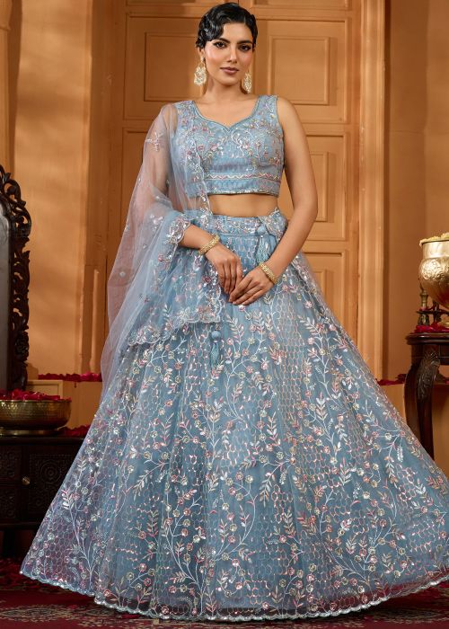 Grey Net Lehenga Choli With Thread Embroidery