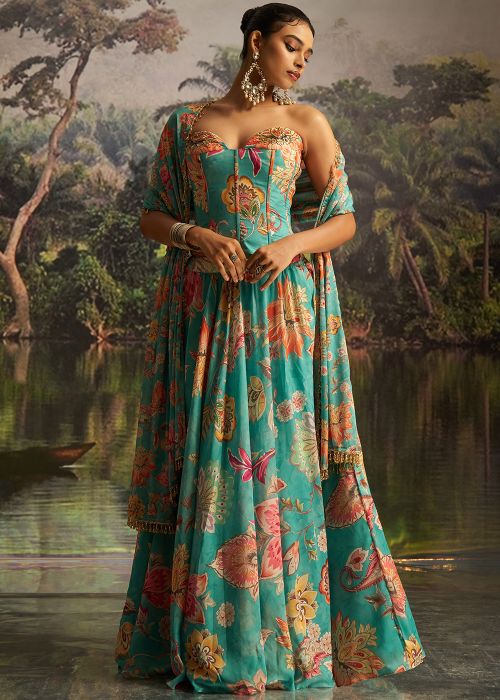 Blue Floral Print Lehenga Choli In Georgette