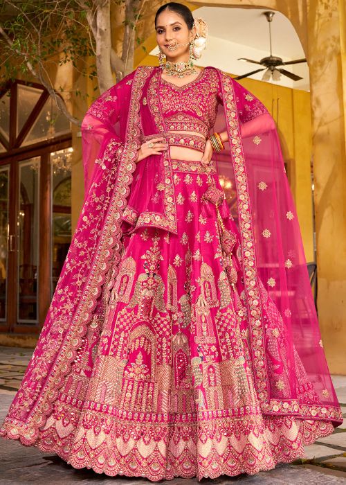 Pink Silk Bridal Lehenga Choli With Twin Net Dupattas