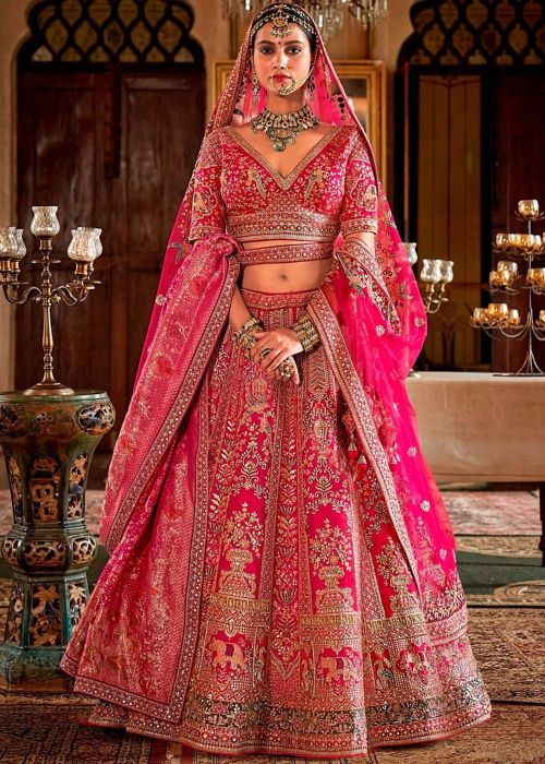 Pink Silk Bridal Lehenga Choli With Zari Work
