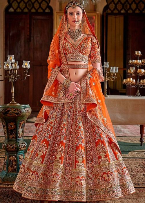 Orange Silk Bridal Lehenga Choli With Heavy Embroidery