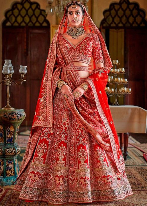 Red Silk Bridal Lehenga Choli With Zari Embroidery