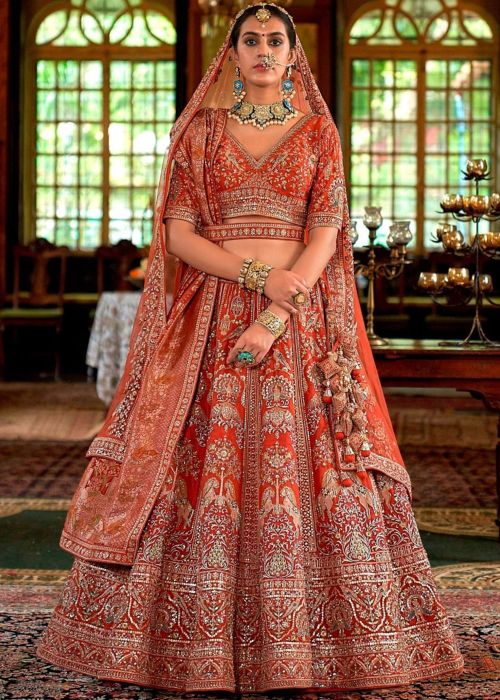 Rust Orange Silk Bridal Lehenga Choli With Sequins Work