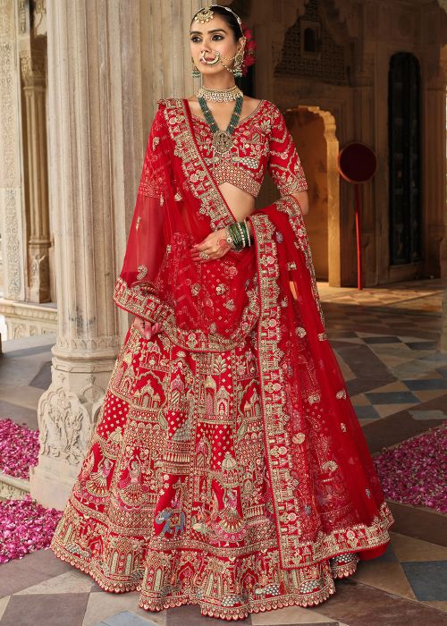 Red Silk Bridal Lehenga Choli With Zari Detailing