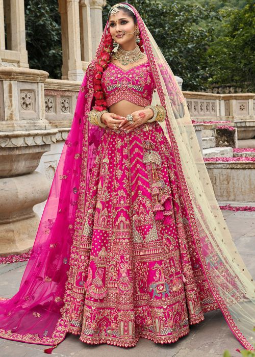 Rani Pink Silk Bridal Lehenga Choli With Embroidered Dupatta