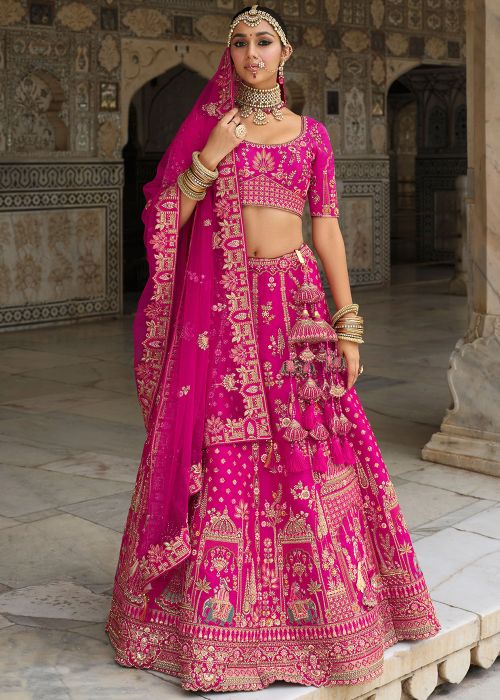 Pink Silk Bridal Lehenga Choli With Zari Embroidery