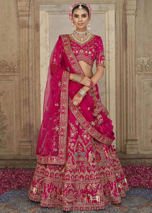 Rani Pink Silk Bridal Lehenga Choli With Zari Highlights
