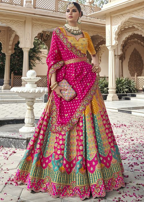 Multicolored Zari Woven Lehenga Choli In Banarasi Silk