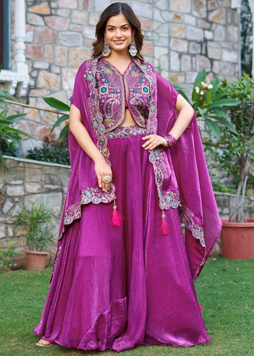 Purple Art Silk Lehenga Choli With Shrug Dupatta