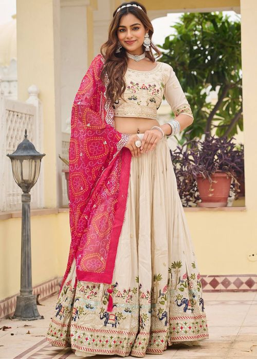 Cream Tussar Silk Lehenga Choli With Bandhani Dupatta