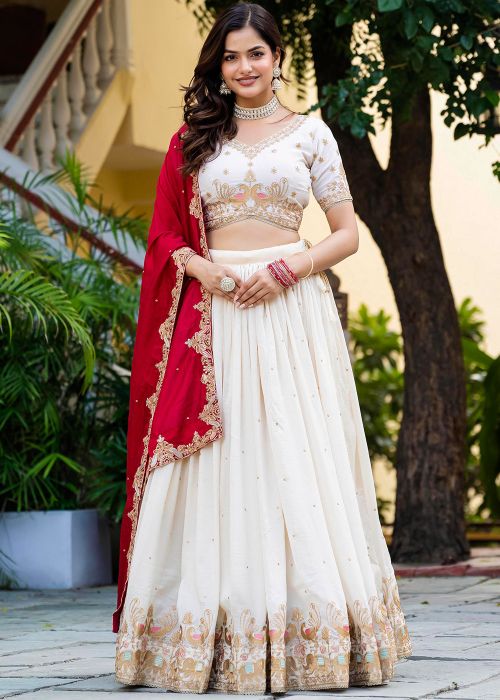 Cream Art Silk Lehenga Choli With Contrast Dupatta