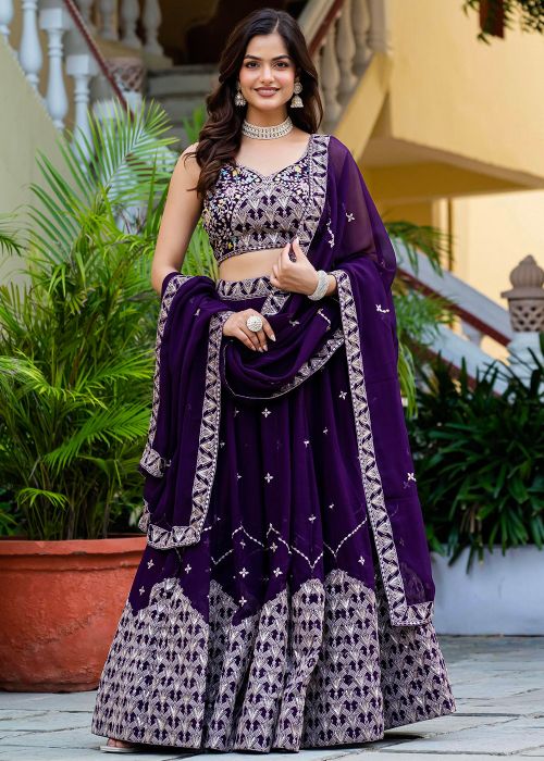 Purple Georgette Lehenga Choli With Embroidered Hem