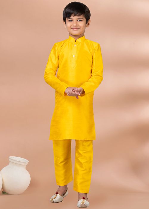 Yellow Kids Kurta Pajama In Art Silk