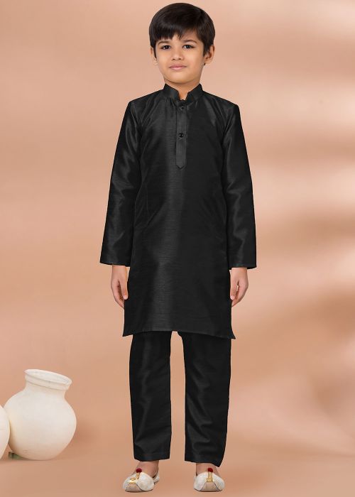 Black Kids Kurta Pajama In Art Silk
