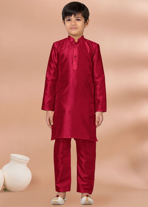 Red Kids Kurta Pajama In Art Silk