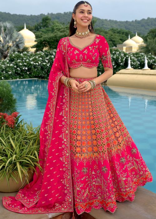 Rani Pink Silk Lehenga Choli With Thread Embroidery