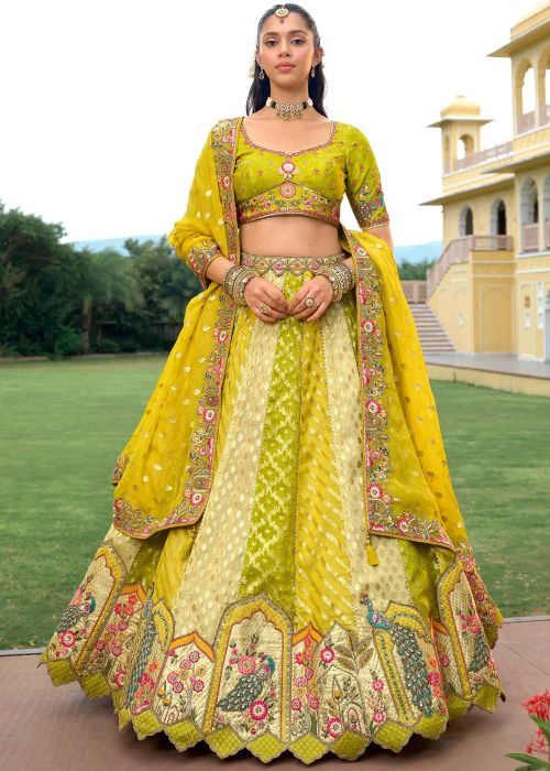 Green Silk Lehenga Choli With Mustard Dupatta