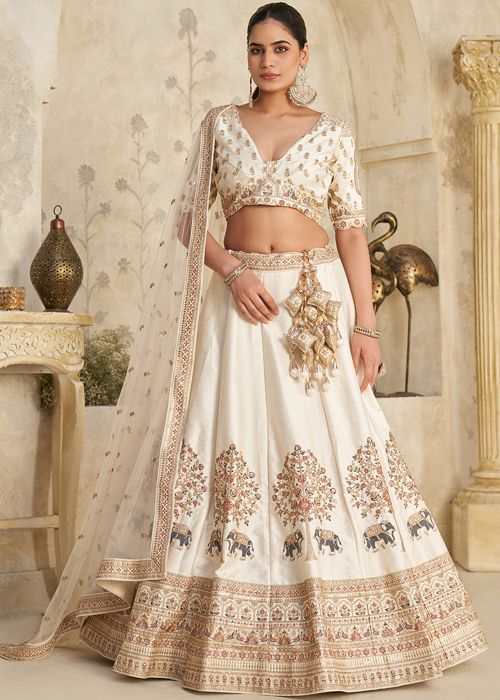 Cream Silk Lehenga Choli With Zari Embroidery