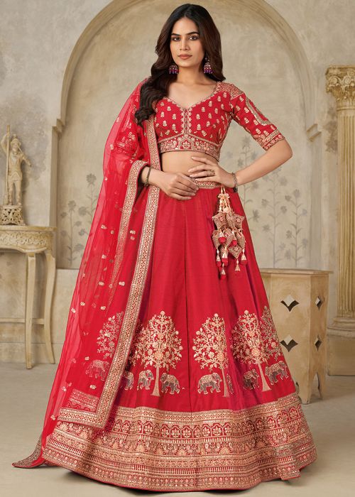 Red Silk Lehenga Choli With Zari Work