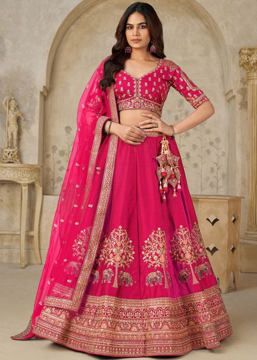 Rani Pink Silk Lehenga Choli With Embroidered Borders