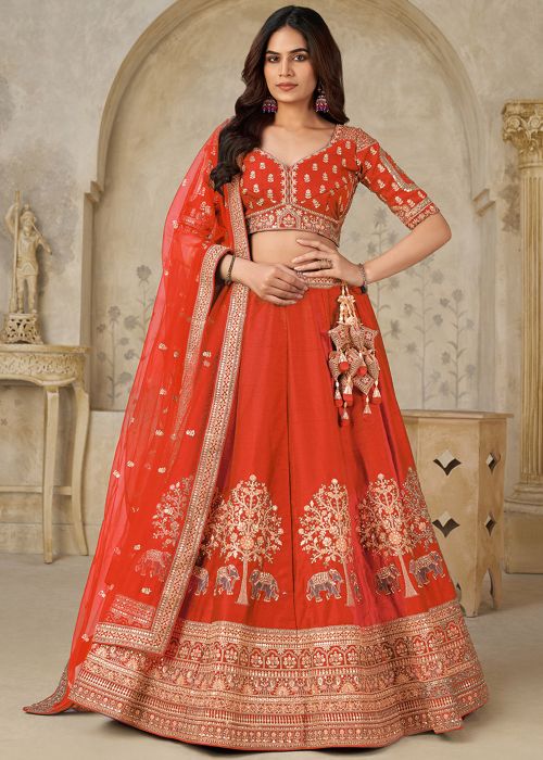 Orange Silk Lehenga Choli With Detailed Zari Embroidery