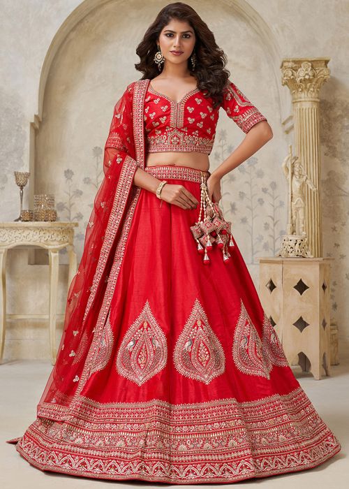 Red Silk Lehenga Choli With Rich Zari Embroidery