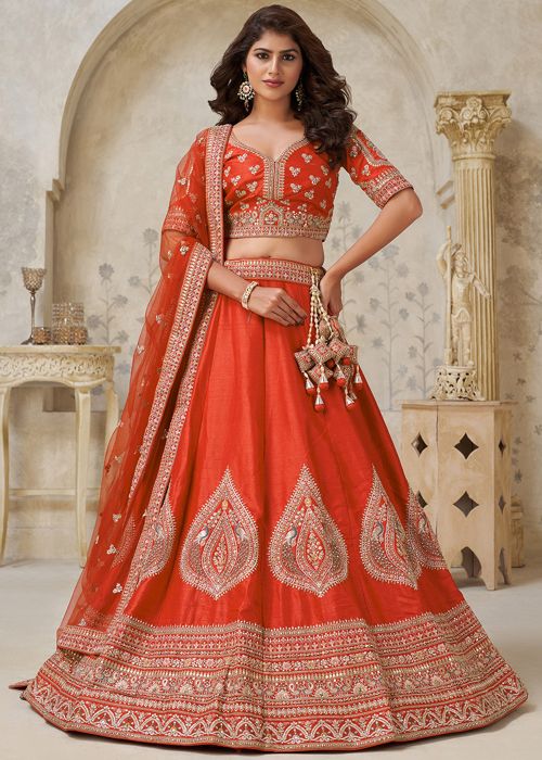 Orange Silk Lehenga Choli With Zari Accents