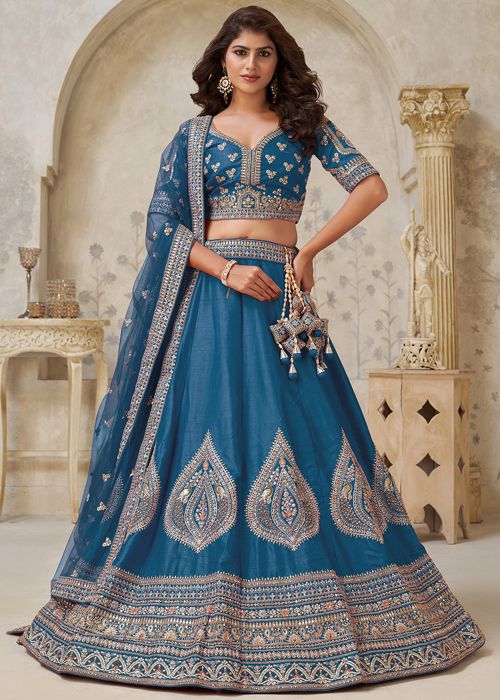 Teal Blue Silk Lehenga Choli With Heavy Zari Embroidery