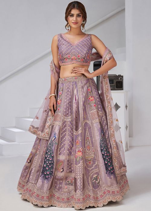 Purple Banarasi Silk Lehenga Choli With Thread Embroidery