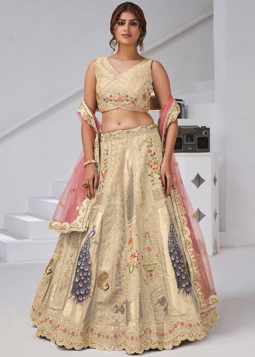 Cream Banarasi Silk Lehenga Choli With Embroidered Design