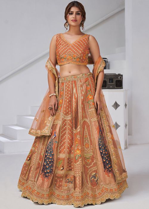 Orange Banarasi Silk Lehenga Choli With Thread Work
