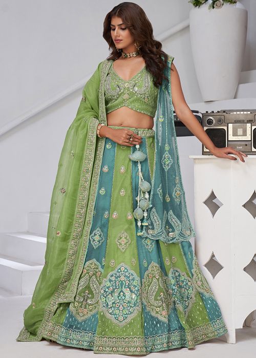 Green Georgette Lehenga Choli With Detailed Zari