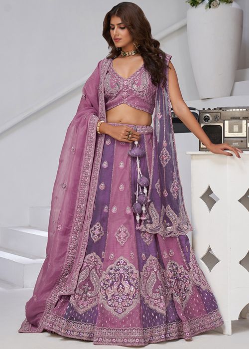 Purple Georgette Lehenga Choli With Double Dupattas