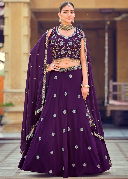 Purple Georgette Lehenga Choli With Beaded Embroidery
