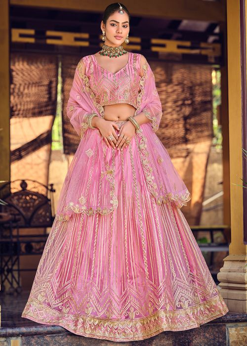 Pink Net Lehenga Choli With Sequins Detailing