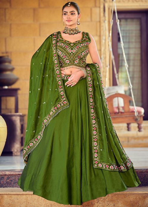 Green Art Silk Lehenga Choli With Handcrafted Detailing